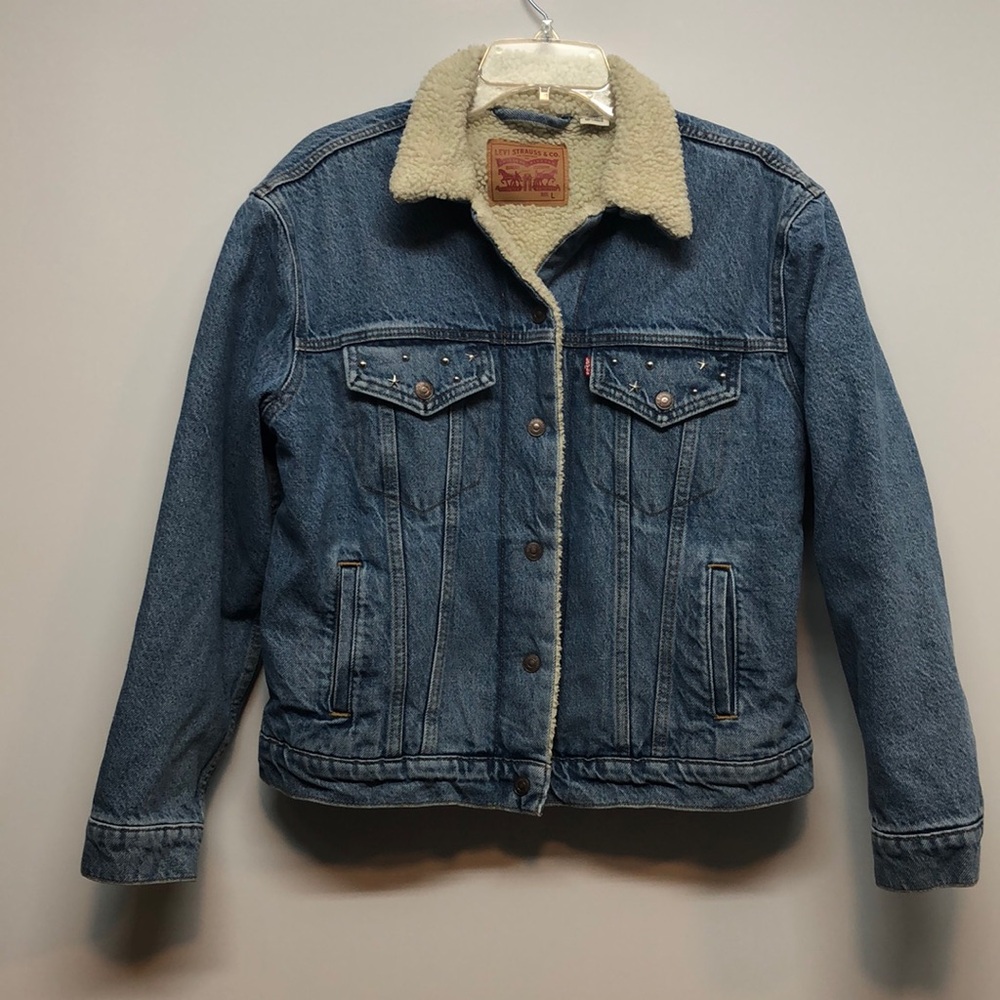 LEVIS Sherpa Lined Denim Trucker Jacket Women’s Size L Blue Jean Vintage snap